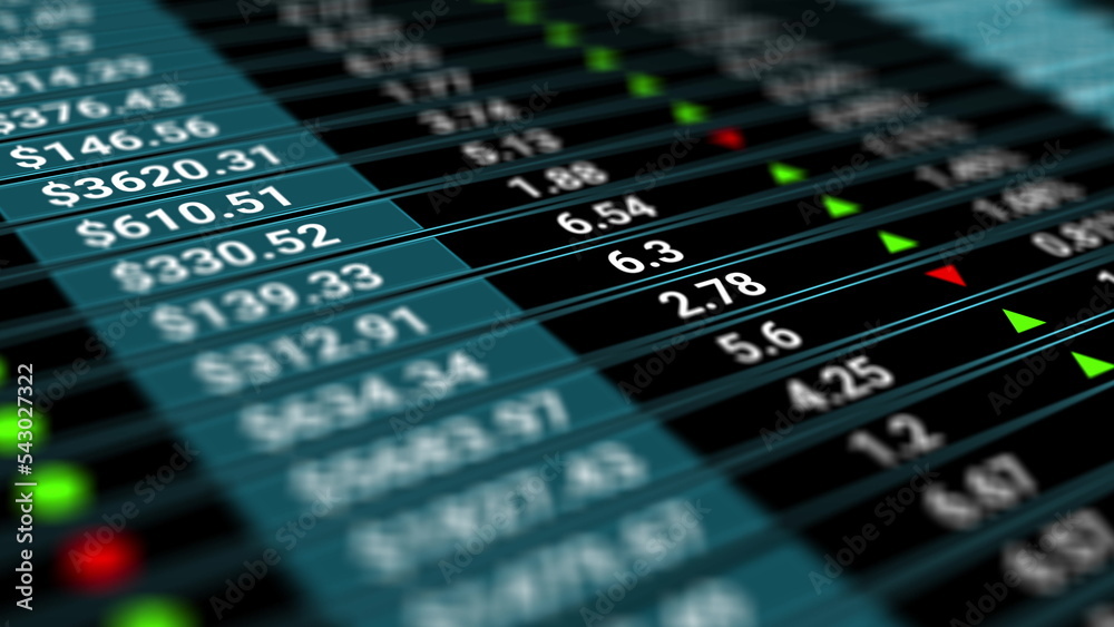 © kinomaster - Digital tableau of stock market values, companies indexes evolving, growing and or shrinking. Charts with data analysis of cryptocurrency sale fund. Investments, banking, commerce.
