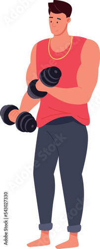 Man exercising with dumbbell. Power lifting workout