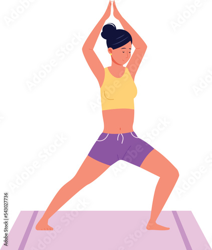 Woman yoga training. Person in balance pose stretching on mat