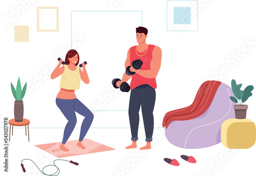 Couple exercising together. Power lifting training at home