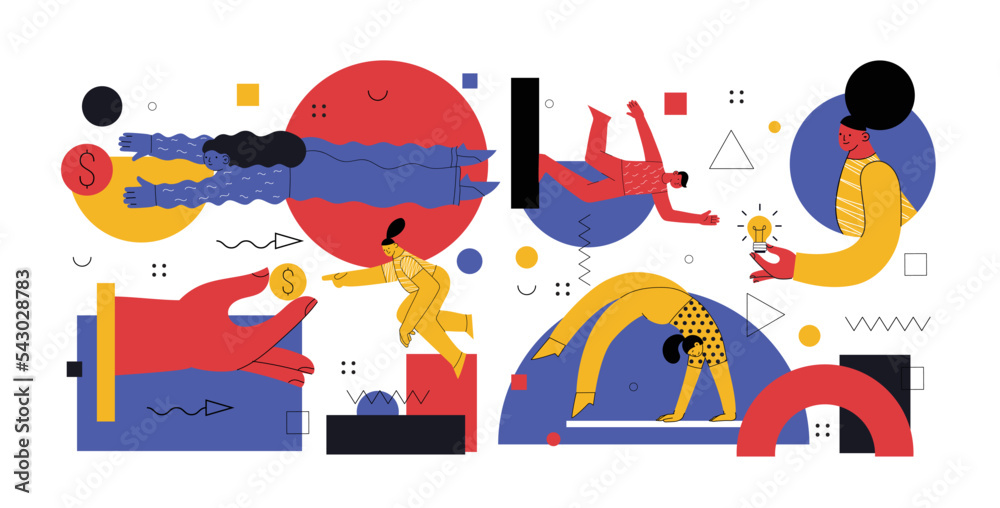Creative team creating new, building abstract structure, working under corporate project. Business and creativity process, teamwork concept. Flat vector illustration