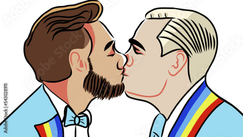 Illustration of two men kissing. Both are wearing a suit. On their lapels they have rainbow colours for the LGBT movement. Vector illustration in pop art retro design.