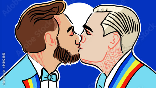Illustration of two men kissing. Both are wearing a suit. On their lapels they have rainbow colours for the LGBT movement. Vector illustration in pop art retro design.