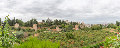 Panoramic view at the Alhambra citadel, alcazaba, Charles V and nasrid Palaces and fortress complex, view from Generalife Gardens, Granada, Andalusia, Spain photo