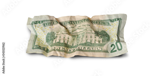 Back of crumpled twenty dollars banknote isolated photo