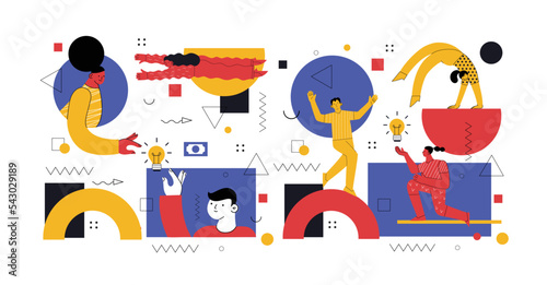 Creative team creating new, building abstract structure, working under corporate project. Business and creativity process, teamwork concept. Flat vector illustration