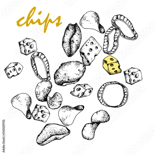 Chips.Black and white sketch, hand-drawn, Vector, isolated on a white background, fast food in different shapes.Cheese cubes, onion rings. For packaging, design bars, menus, labels