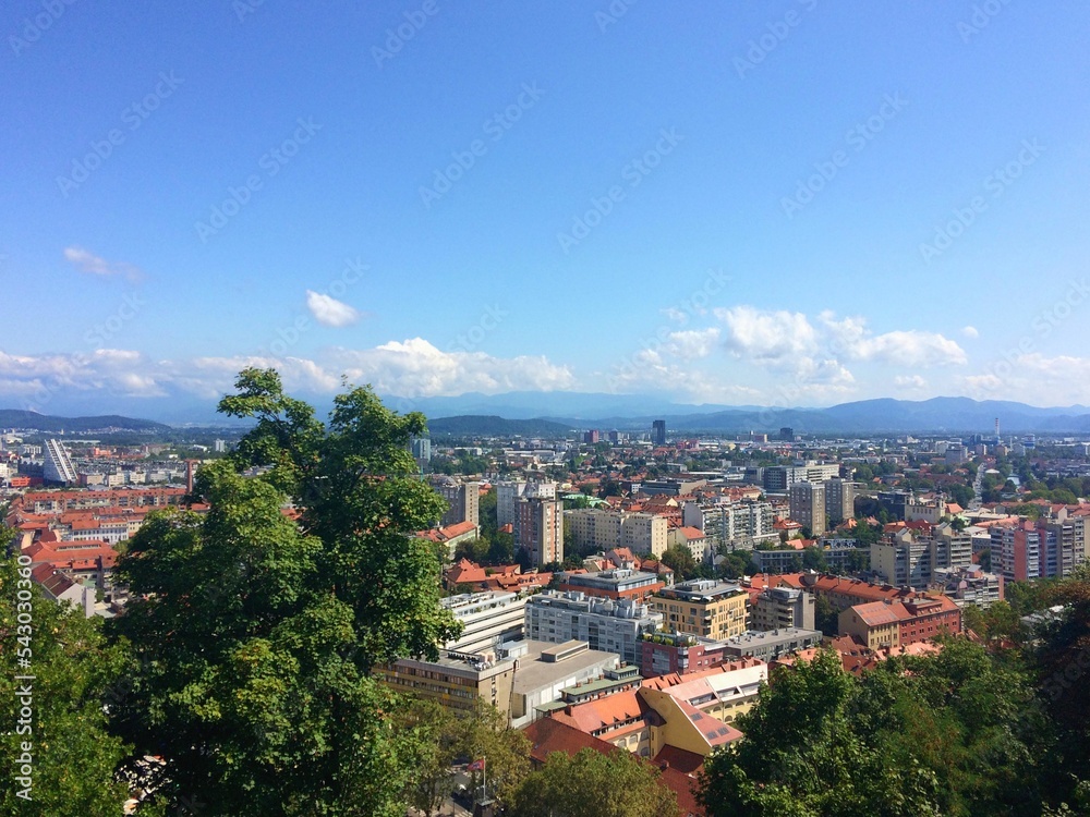 View of the city Ljubljana, Slovenia from zgornja postaja where a gondola goes up above the Ljubljana Castle
