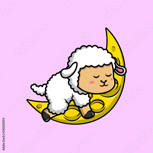 Cute Sheep Sleeping On Moon Cartoon Vector Icons Illustration. Flat Cartoon Concept. Suitable for any creative project.