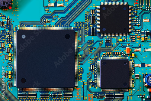 Electronic circuit board close up.	