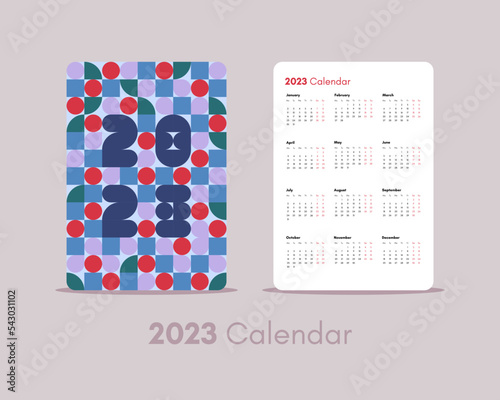 template national design pocket calendar 2023 with colorful geometric trendy abstract pattern. vector illustration. Vertical pocket calendar page. Week starts on Monday.