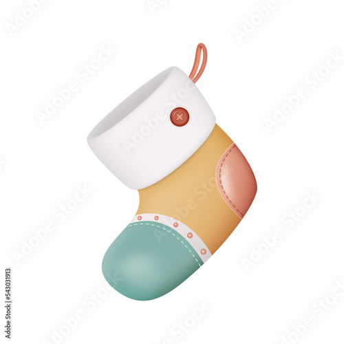 3d Christmas Santa Claus Stocking. Beige Xmas Sock Close-up Isolated on White Background. Vector Illustration