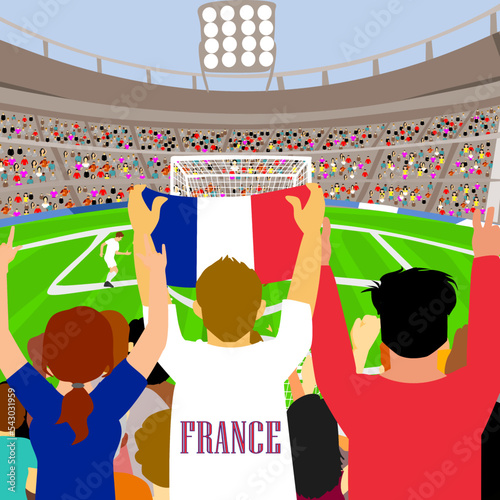 Vector of French Soccer fans or crowd, supporters cheering and supporting thier national Football team with a Flag.