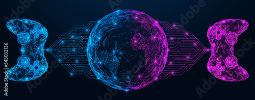 Two game joysticks are connected to the sphere of the metaverse. Polygonal design of interconnected lines and points.
