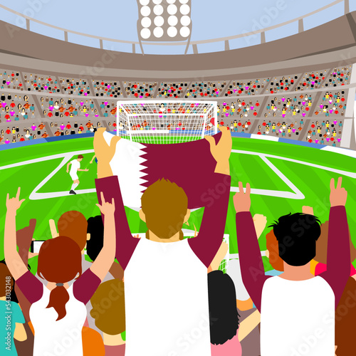 Vector of Qatari Soccer fans or crowd, supporters cheering and supporting thier national Football team with a Flag. photo