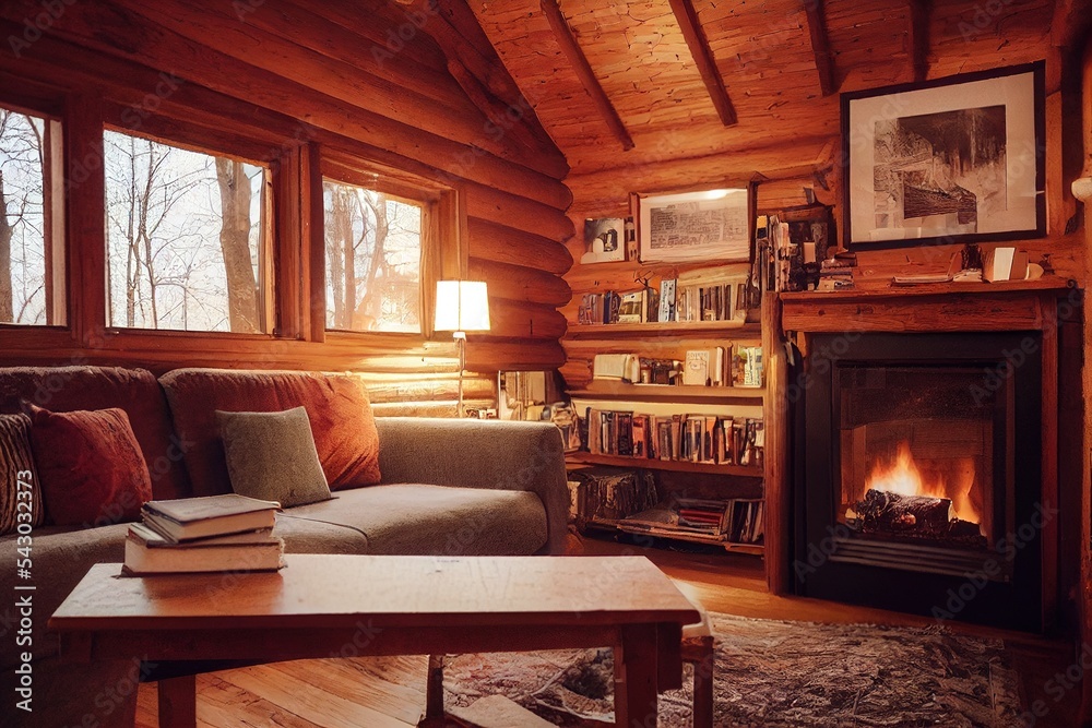 books on tables and shelves inside a cabin near the fireplace in the winter with a copy-space 3D illustration