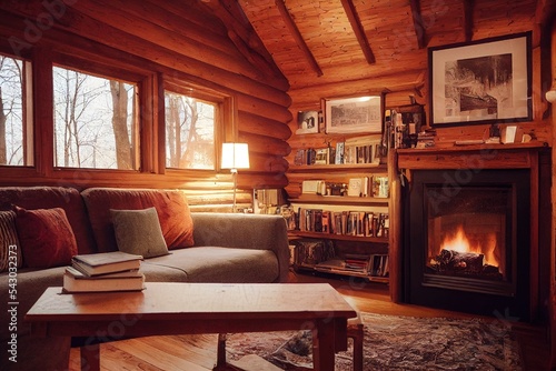 books on tables and shelves inside a cabin near the fireplace in the winter with a copy-space 3D illustration