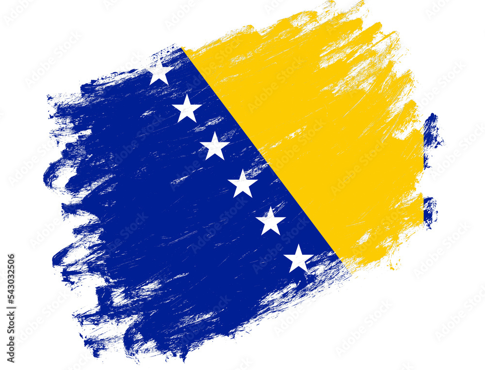 Bosnia and herzegovina flag painted on a grunge brush stroke white background - obrazy, fototapety, plakaty 