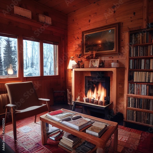 books on tables and shelves inside a cabin near the fireplace in the winter with a copy-space 3D illustration