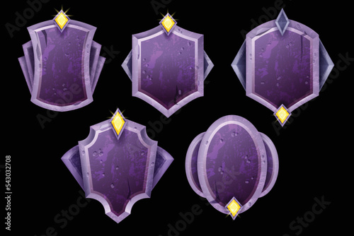 Stone game frame set, medieval RPG rock purple assets kit, vector UI fantasy viking shield border. Magic level interface design objects, user tablet collection, menu sign board. Stone frame template