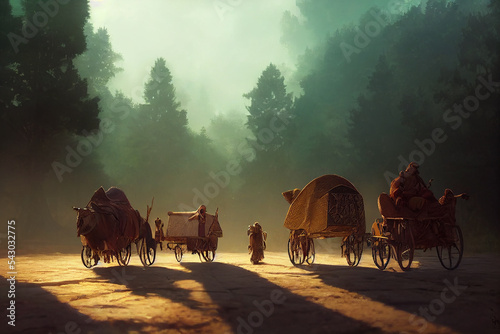A group of people during medieval moving using caravans and chariots