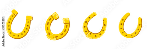 Set of golden horseshoes in cartoon style. Vector illustration of horseshoes as symbol of happiness, luck, money on white background.