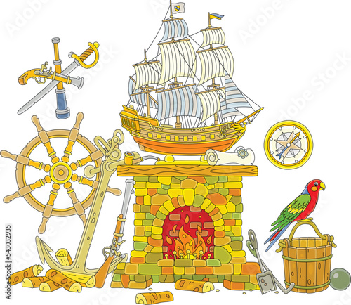 Old fireplace of a sea dog with burning wood and a model of a sailer on a mantelpiece surrounded by a wooden helm, pirate weapons, an anchor, a compass and a funny parrot on a bucket