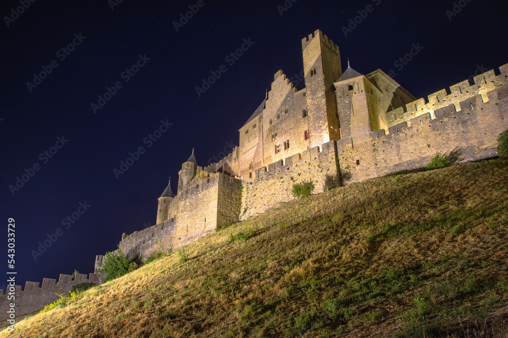 Medieval castle town of Carcassone at sunset, France