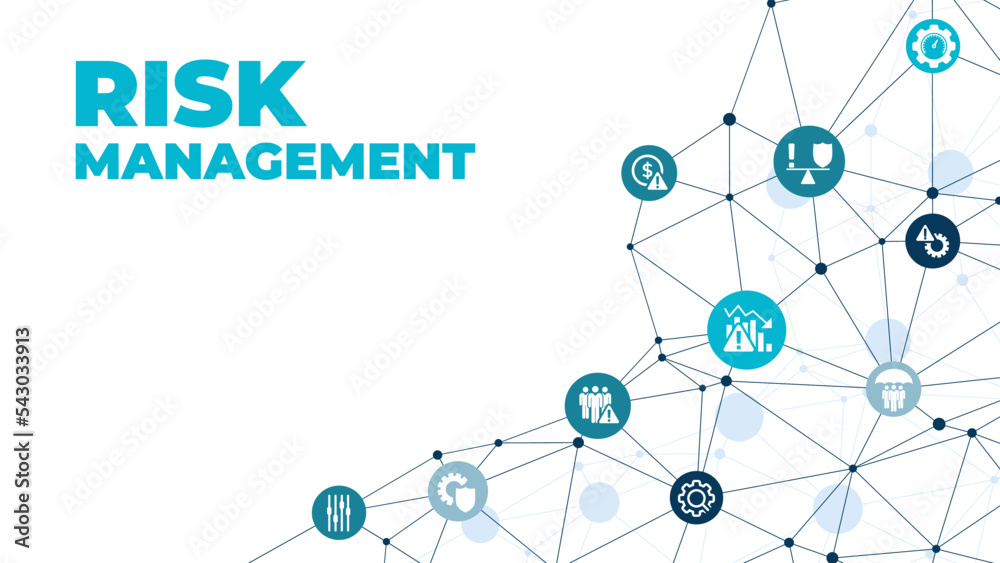 Risk management vector illustration. Concept with icons related to risk analysis or risk assessment and identification in business, in a company or in finance. - obrazy, fototapety, plakaty 