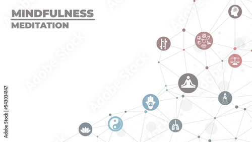 mindfulness and meditation and relaxation concept – connected icons related to mindful living, awareness, stress-relief - vector illustration