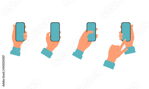 Hands in different positions holding the phone. Set of illustrations. Flat style. Vector.