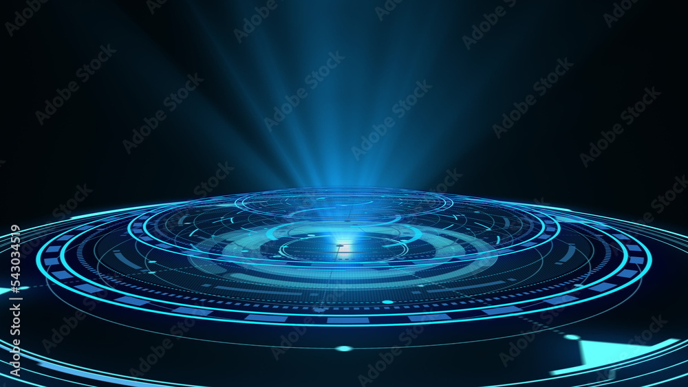 Abstract blue hologram circle. Shine ring. Glare sci fi. Space tunnel. Empty hole. Glow portal. Astral. Bright disc. Excellent for any kind of hi tec, science, technology. 3D rendering.