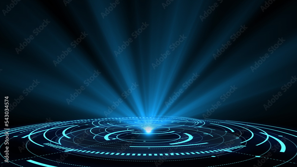 Abstract blue hologram circle. Shine ring. Glare sci fi. Space tunnel. Empty hole. Glow portal. Astral. Bright disc. Excellent for any kind of hi tec, science, technology. 3D rendering. - obrazy, fototapety, plakaty 
