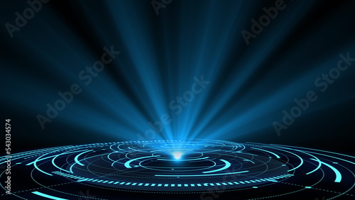 Abstract blue hologram circle. Shine ring. Glare sci fi. Space tunnel. Empty hole. Glow portal. Astral. Bright disc. Excellent for any kind of hi tec, science, technology. 3D rendering. © kinomaster