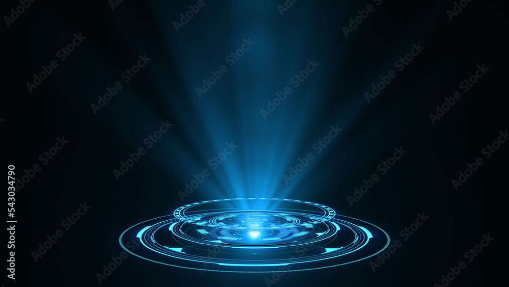 HUD circle interfaces. Hi tech futuristic display. Blue hologram button. Digital data network protection, future technology network concept FHD. Modern cyberspace innovation. 3D rendering. - obrazy, fototapety, plakaty 