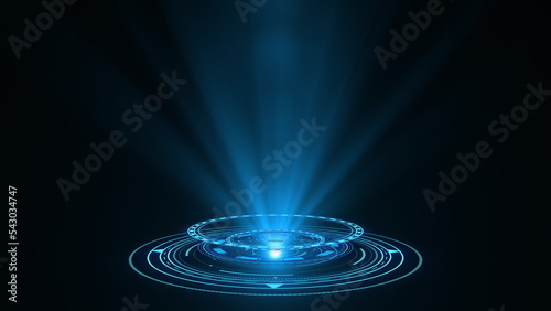 HUD circle interfaces. Hi tech futuristic display. Blue hologram button. Digital data network protection, future technology network concept FHD. Modern cyberspace innovation. 3D rendering.