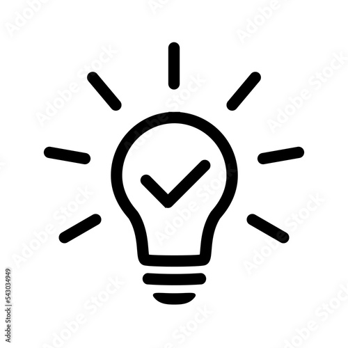 Light bulb with tick icon in flat style. Lightbulb with check, successful idea symbol isolated on white. Simple abstract thin line icon in black. Vector illustration for graphic design, Web, UI, app.