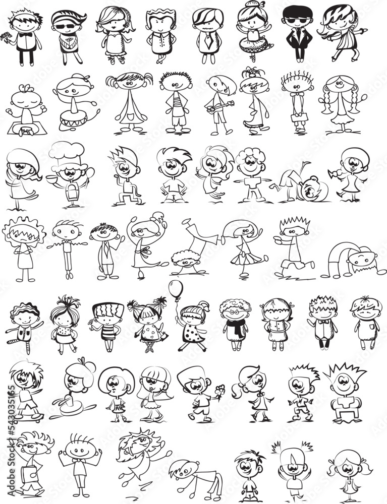 Happy children doodle set. Funny small kids play, run and jump. Set of elements in childish doodle style. Hand drawn illustration
