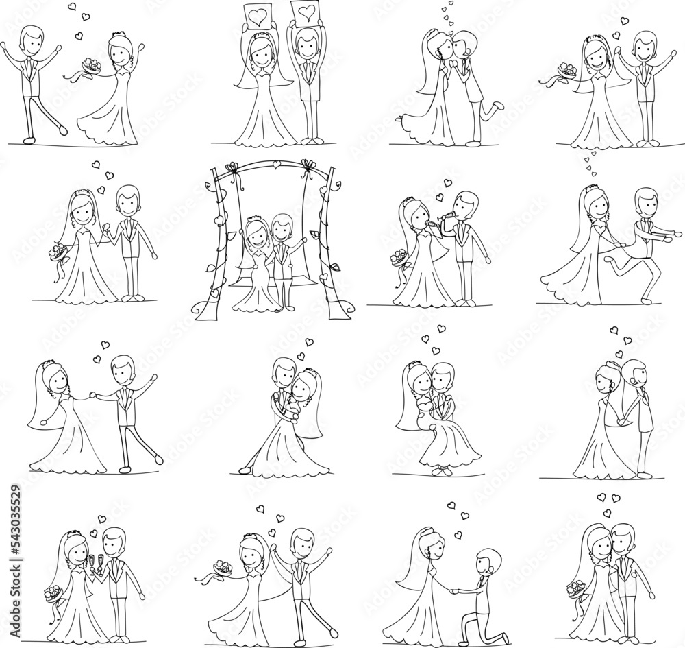 Doodle wedding set for invitation cards, including template design decorative elements - flowers, bride, groom, church, hearts