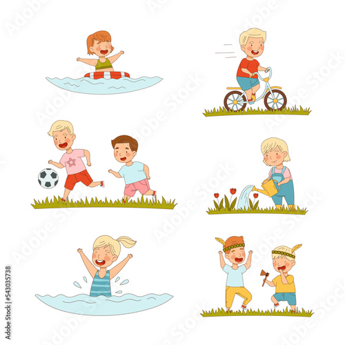 Happy kids performing summer outdoor activities set. Cute boys and girls swimming  riding bike  playing ball cartoon vector illustration