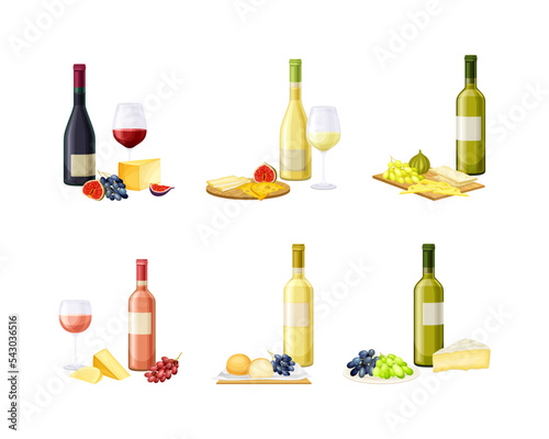 Wine and cheese set. Bottle and glass of wine  bunch of dark grapes  cheese  fig fruit vector illustration