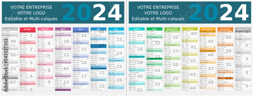 Calendrier 2024 14 mois au format 320 x 420 mm recto verso entièrement modifiable via calques et texte sans serif