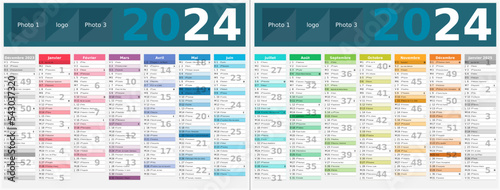 Calendrier 2024 14 mois au format 320 x 420 mm recto verso entièrement modifiable via calques et texte sans serif