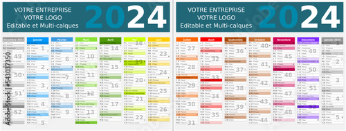 Calendrier 2024 14 mois au format 320 x 420 mm recto verso entièrement modifiable via calques et texte sans serif
