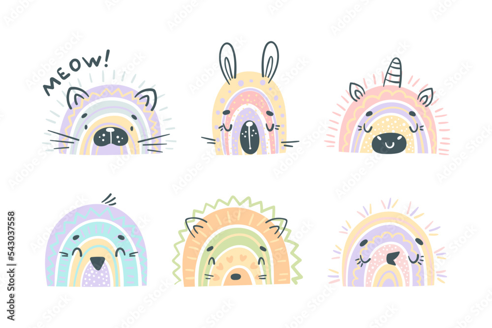 Heads of cute baby animals set. Kitten, bunny, unicorn, hedgehog, penguin, birdie funny animal faces cartoon vector illustration Heads of cute baby animals set. Kitten, bunny, unicorn, hedgehog, penguin, birdie funny animal faces cartoon vector illustration