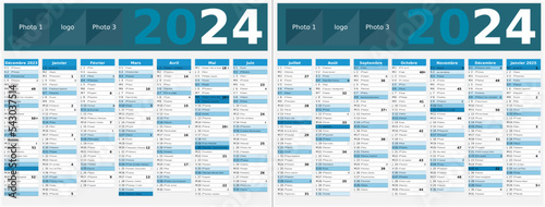 Calendrier 2024 14 mois au format 320 x 420 mm recto verso entièrement modifiable via calques et texte sans serif