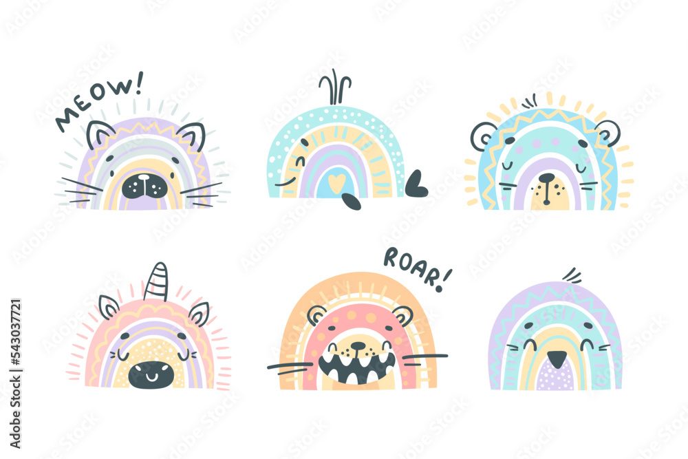 Cute baby animals set. Kitten, whale, lion, unicorn, penguin cartoon vector illustration