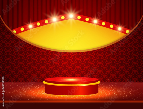 Red pattern, curtain vector background with sparkle stage podium and golden arch