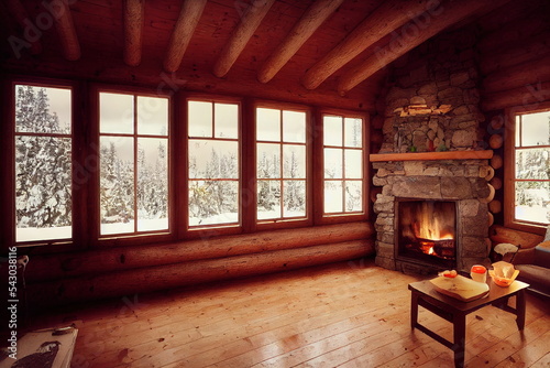the warm environment inside a cabin in the winter with a fireplace and wooden structure 3D illustration