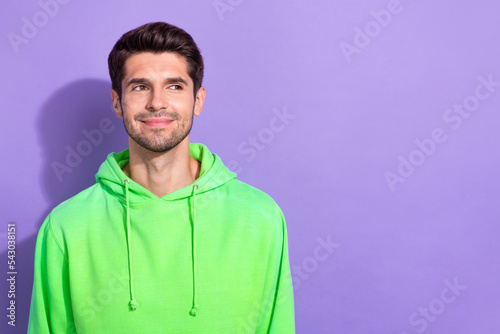 Closeup portrait photo of young cute guy looking interested mockup new shopping mall opening low prices isolated on purple color background